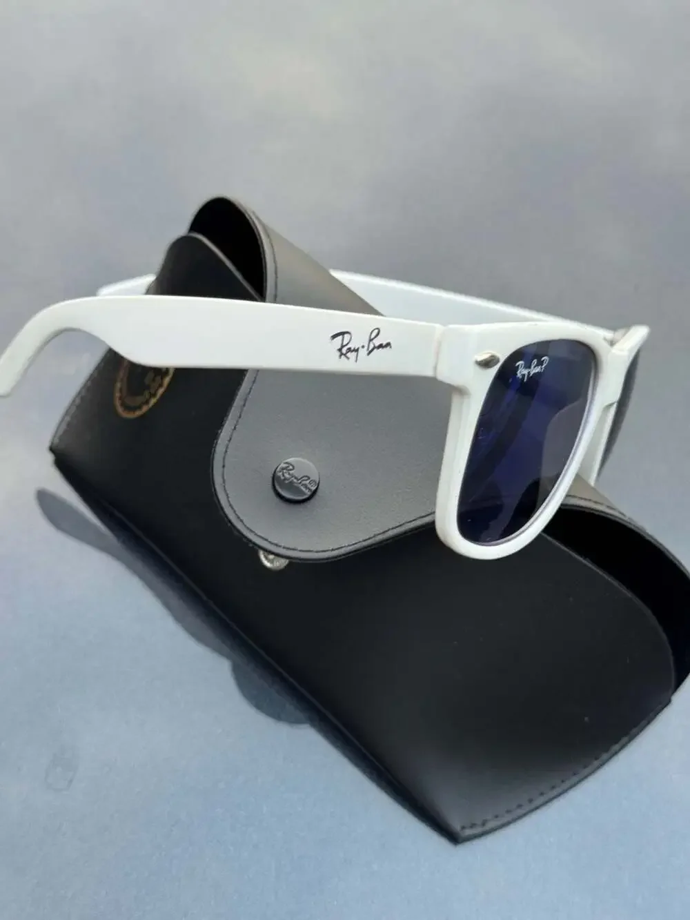 Ray-Ban Polarized Wayfarer Sunglasses in White Frame with Blue Mirror Lenses